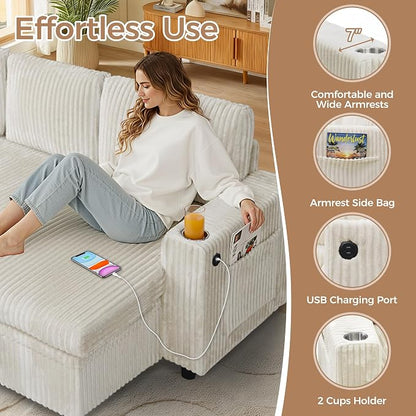 Modular Sectional Sleeper Sofa with Pull Out Bed, Plush Corduroy L Shaped Couch with Storage Chaise, USB Ports, Cup Holders, Comfy Cloud Couches for Living Room, Beige