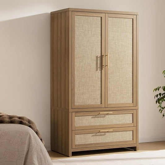SICOTAS Rattan Armoire Wardrobe Closet Cabinet, 71" Tall Wardrobe Storage Cabinet with 2 Drawers and Hanging Rod, Boho Large-Capacity Deep Armoire Clothes Organizer for Bedroom, Cloak Room, Oak