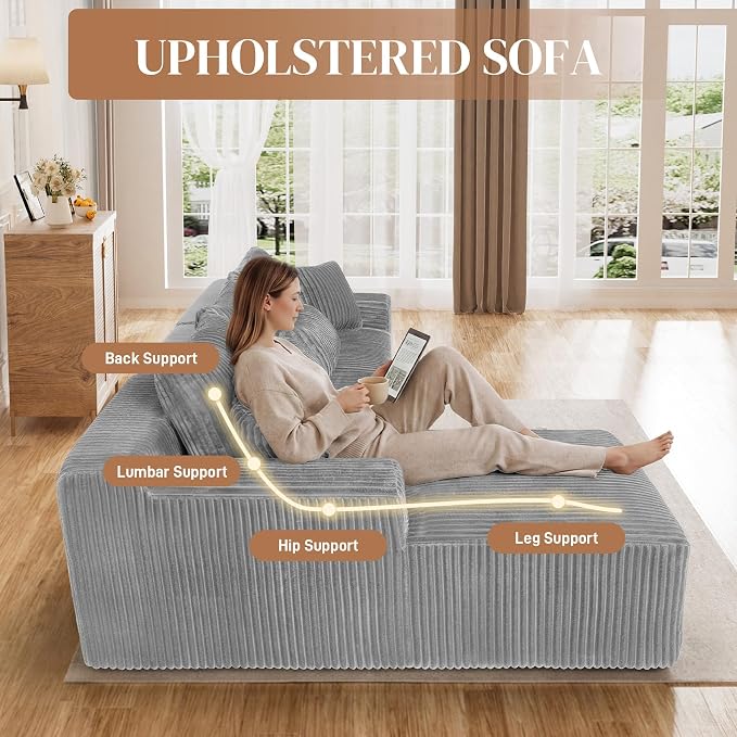 110" L Shaped Cloud Boneless Sectional Couches for Living Room, Modern Comfy Modular Deep Seat Memory Foam Compressed Corduroy Sofa Oversized Left Facing Chaise, No Assembly Required, Grey