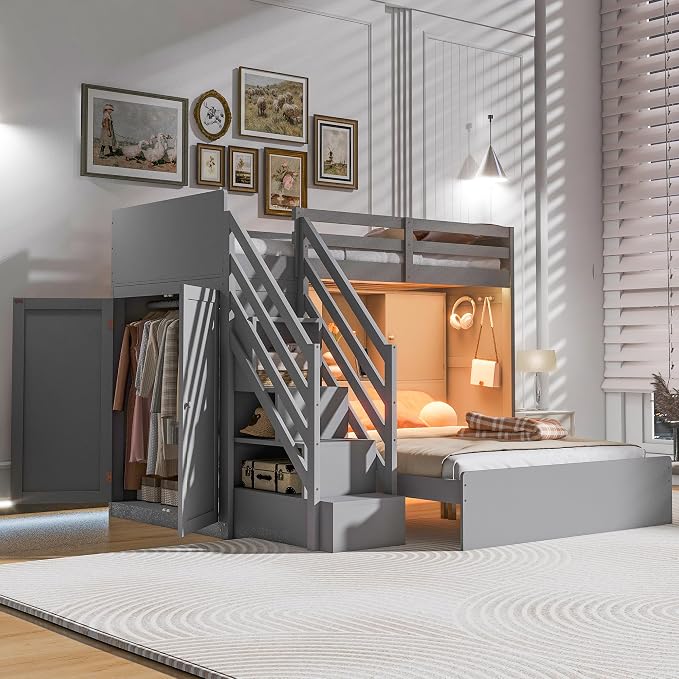 RUNNA Twin Over Full Bunk Bed with Storage Stairs,USB,Light Gray | Twin over full bunk bed with storage stairs,USB charging station,light,solid wood,guardrails,no box spring needed,Light Gray