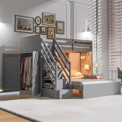 RUNNA Twin Over Full Bunk Bed with Storage Stairs,USB,Light Gray | Twin over full bunk bed with storage stairs,USB charging station,light,solid wood,guardrails,no box spring needed,Light Gray