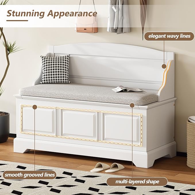Knocbel Rustic Entry Storage Bench with Hidden Compartments and Removable Cushion, Wooden Entryway Hallway Foyer Shoe Bench Bedroom End of Bed Bench (White)