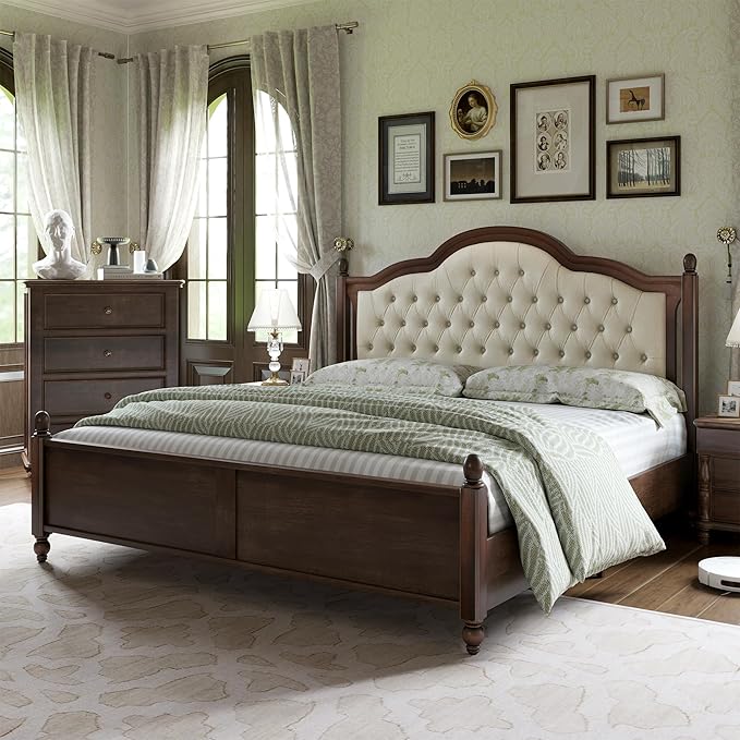 AMERLIFE Solid Wood Bed Frame Queen Size, Transitional Platform Bed with 52.5" Upholstered Tufted Headboard, Rubberwood/Roman Column Accents/Wood Slat Support/No Box Spring Needed