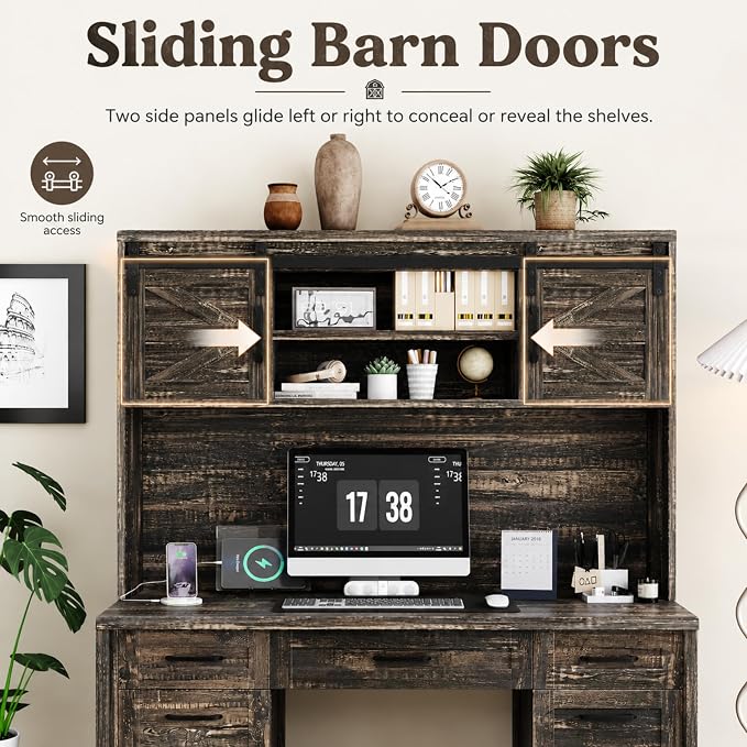 LUMISOL Farmhouse Executive Desk with Hutch and Charging Station, Computer Desk with 2 Sliding Barn Doors, 5 Drawers and Storage Cabinet with 3-Position Adjustable Shelf, Rustic Grey