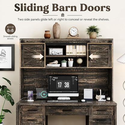 LUMISOL Farmhouse Executive Desk with Hutch and Charging Station, Computer Desk with 2 Sliding Barn Doors, 5 Drawers and Storage Cabinet with 3-Position Adjustable Shelf, Rustic Grey