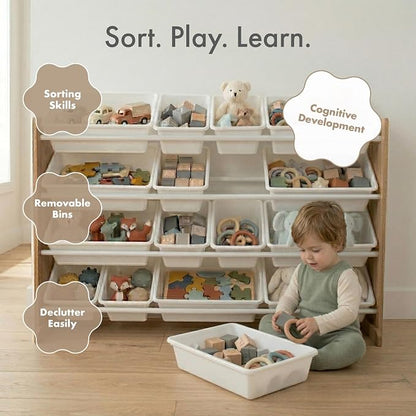Humble Crew Toy Storage Organizer with 20 Removable Storage Bins for Kids Playroom, 4-Tier Toddler Toy Organization and Storage, Natural/White