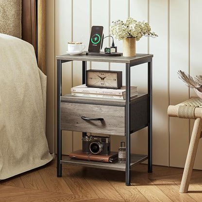 SUPERJARE Nightstand with Charging Station, Bed Side Table with Adjustable Fabric Drawer, Night Stand for Bedroom, 3-Tier Storage End Table, for Living Room, Oak
