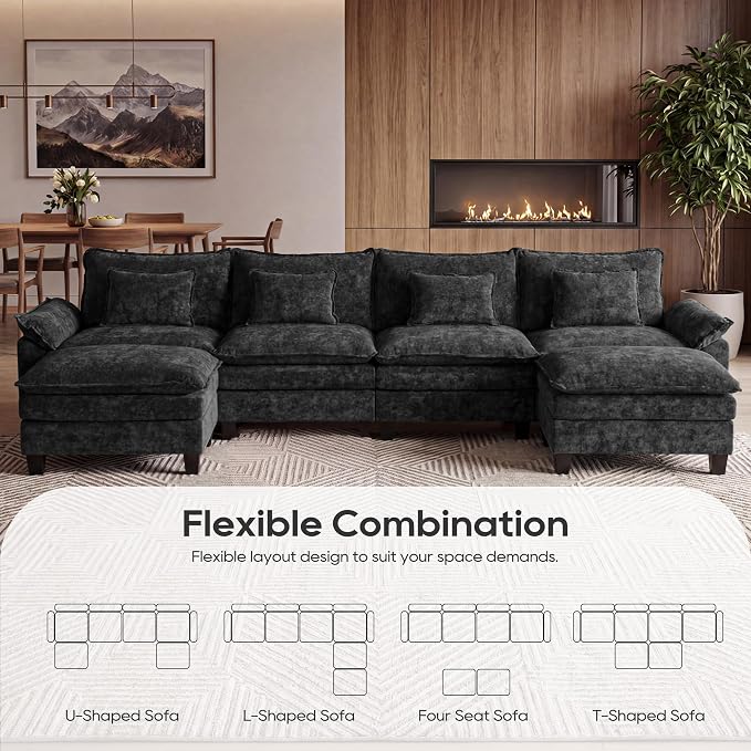 URRED Oversized Modular Sectional Sofa, 157" U Shaped Modern Comfy Cloud Couch with Movable Ottoman & Pillows, Deep Seat Couches for Living Room, Bedroom or Apartment (Chenille Black, 157" U Shaped)