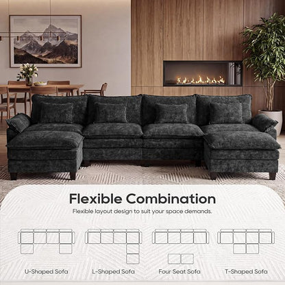 URRED Oversized Modular Sectional Sofa, 157" U Shaped Modern Comfy Cloud Couch with Movable Ottoman & Pillows, Deep Seat Couches for Living Room, Bedroom or Apartment (Chenille Black, 157" U Shaped)