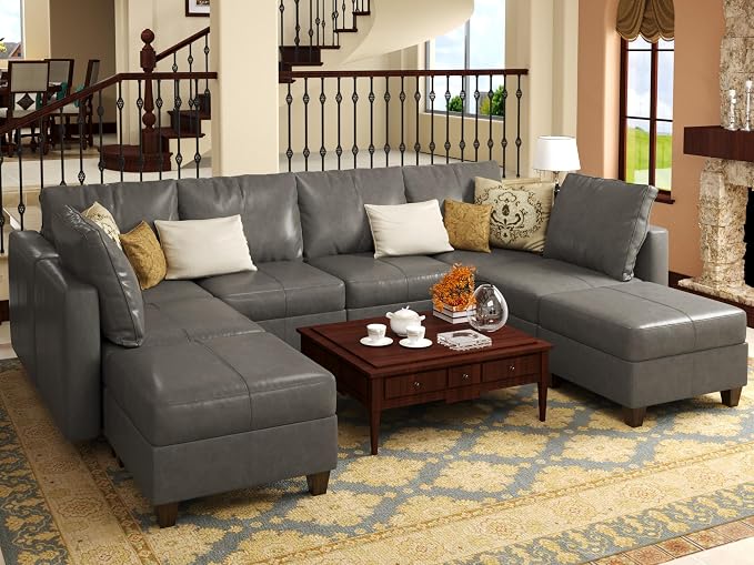 EASE MOOSE Modular Sofa Sectional Couch with Storage Ottomans, Faux Leather Sectional U Shaped Sectional Sofa Modular Sectional Sofa Couch with Reversible Chaises