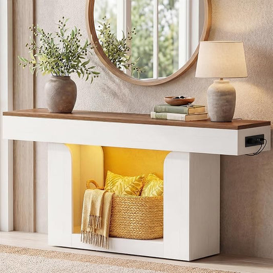 Homieasy Console Table, 63" Entryway Table with LED Lights & Charging Station, Farmhouse Wooden Sofa Table Behind Couch, Narrow Hallway Table for Living Room, Foyer, Entry, Antique White & Brown