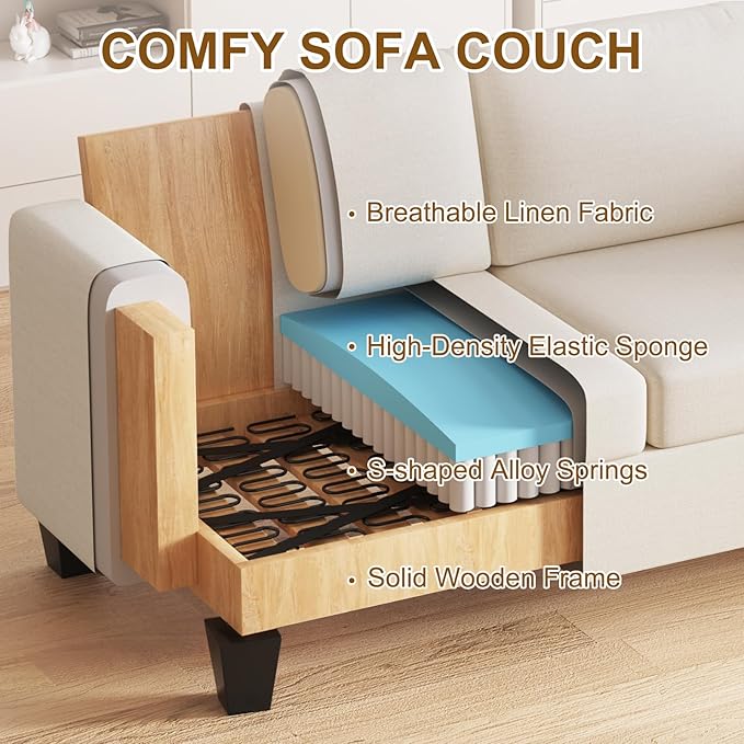 Furnimart Sectional Couches for Living Room, Modern 2 Loveseats and 3 Seater Couch, CreamDeep Seat Sofa Set, Beige Linen Sectional Sofa, Comfy Fluffy Couch with Removable Sofa Cover