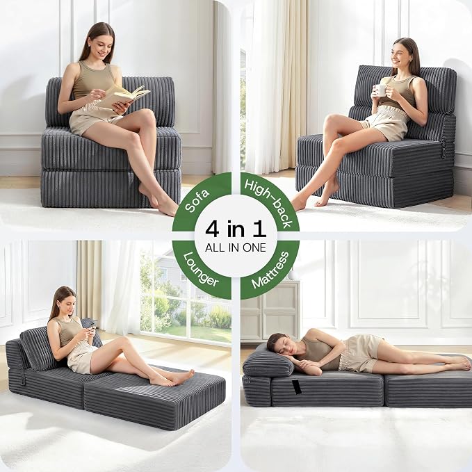 Convertible 4-in-1 Folding Sofa Bed Boneless Sleeper Chair Couch Foldable Chaise Lounger & Mattress Pocket Coils+Foam Medium Support, Portable No Assembly for Living Room/Bedroom, Twin