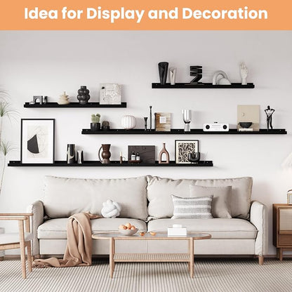 upsimples Floating Shelves for Wall, 47.3 Inch Shelves for Decor Storage Set of 6, Wall Mounted Wood Shelf for Bedroom, Living Room, Bathroom, Kitchen, Long Picture Ledge Shelves, Black