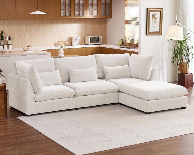 115" Oversized Chenille Couch Modular Sectional Sofa, Washable Cloud Couch Sectional with Ottoman, 4 Seater Sectional Couches for Living Room, Fully Cover Removable, L Shaped, Chenille, White