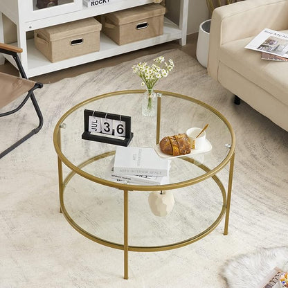 VINGLI Glass Coffee Table, 30" Round Champagne Gold Coffee Tables for Living Room,2-Tier Glass Top Coffee Table with Storage Clear Coffee Table,Simple & Modern Center Table Mesa de Centro para Sala