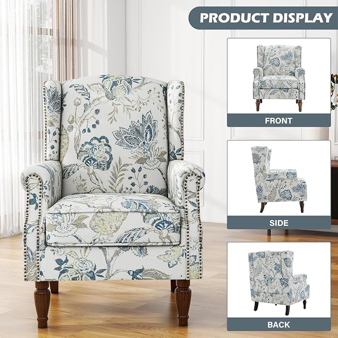 High Back Accent Chair, Fabric Upholstered Armchair Floral Wingback Chair for Living Room, Comfy Single Sofa Bedroom Reading Seat with Solid Wood Legs - Plants Blue