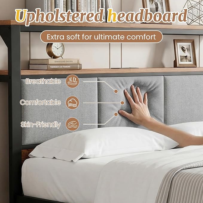 Upholstered Twin Bed Frame with 2-Tier Storage Headboard, Metal Platform Bed with Charging Station, Twin Size Bed Frame with 2 Under Bed Storage Drawers, No Box Spring Needed, Noise-Free
