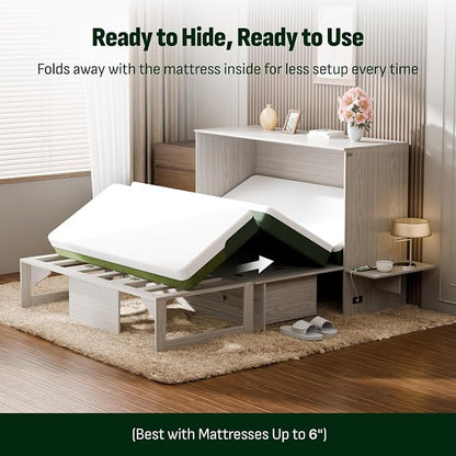 Softa Queen Murphy Bed Cabinet with 4" Tri-Fold Mattress, Storage Drawer & Charging Station, 1200 Lb Heavy Duty Wood Wall Bed with Fold-Down Desk for Guest Room & Home Office, No Box Spring Needed