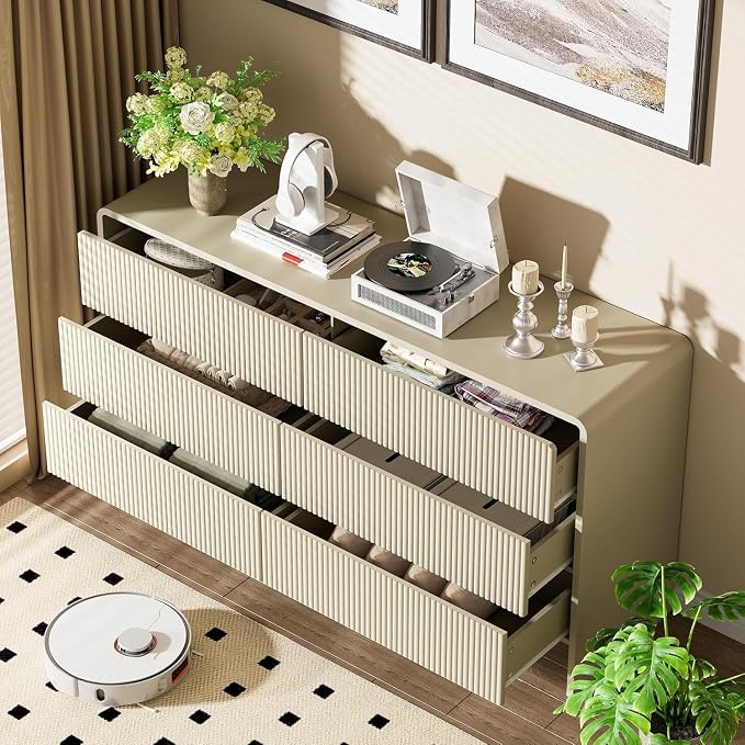 Furniway 55" Wide Modern Dresser for Bedroom, 6 Drawer Chest of Drawers with Curved Design, Push-to-Open Storage Dresser, Beige