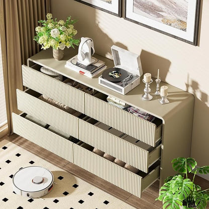 Furniway 55" Wide Modern Dresser for Bedroom, 6 Drawer Chest of Drawers with Curved Design, Push-to-Open Storage Dresser, Beige