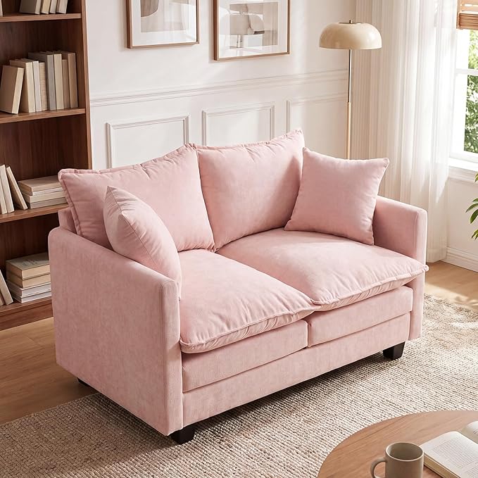 50'' Loveseat Sofa Cloud Sofa Couch, Modern Loveseats 2 Seat Couch 27" Deep Seat with 2 Pillows for Small Spaces Apartment Studio Office Bedroom Living Room, Pink