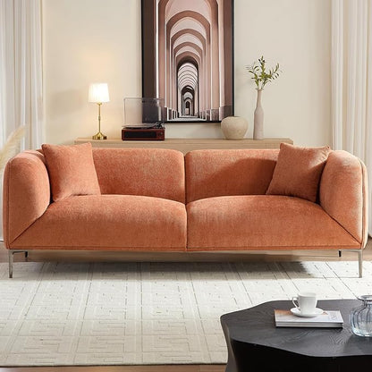 82.68" Modern Upholstered Sofa with Straight Design, Full and Soft Seating, Includes 2 Throw Pillows, 3 Seats,Fabric Couch with Metal Legs for Living Room, Office, Apartment (Brown)