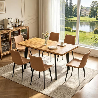 Extendable Dining Table Set for 4 to 8 People, 47.2" to 63" Modern Kitchen Table Set with 6 Leather Chairs, MDF Dining Room Table and Chairs with Removable Extension Leaf (Walnut Table+Brown Chairs)