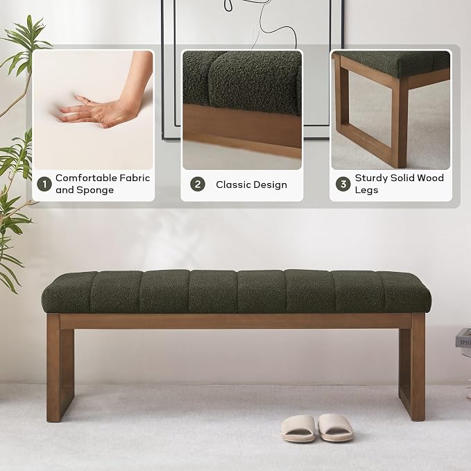 Zihanhome 52.7" Bedroom Bench for End of Bed, Modern Upholstered Teddy Fabric Entryway Bench & Dining Bench, Footrest Stool Bench with Solid Wood Frame for Bedroom, Living Room (Green)
