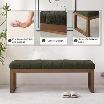 Zihanhome 52.7" Bedroom Bench for End of Bed, Modern Upholstered Teddy Fabric Entryway Bench & Dining Bench, Footrest Stool Bench with Solid Wood Frame for Bedroom, Living Room (Green)