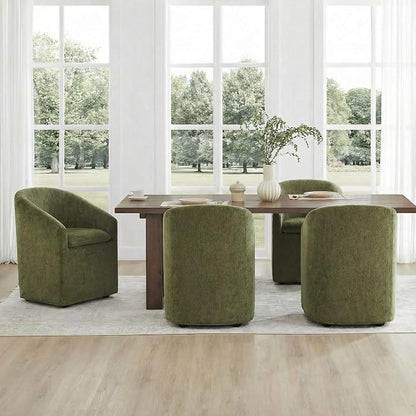 KISLOT Upholstered Dining Chairs Set of 2 with Casters, Modern Side Barrel Armchair with Washable Slipcover & Sturdy Metal Frame for Diningroom Bedroom Livingroom Reading Room, Green Fabric