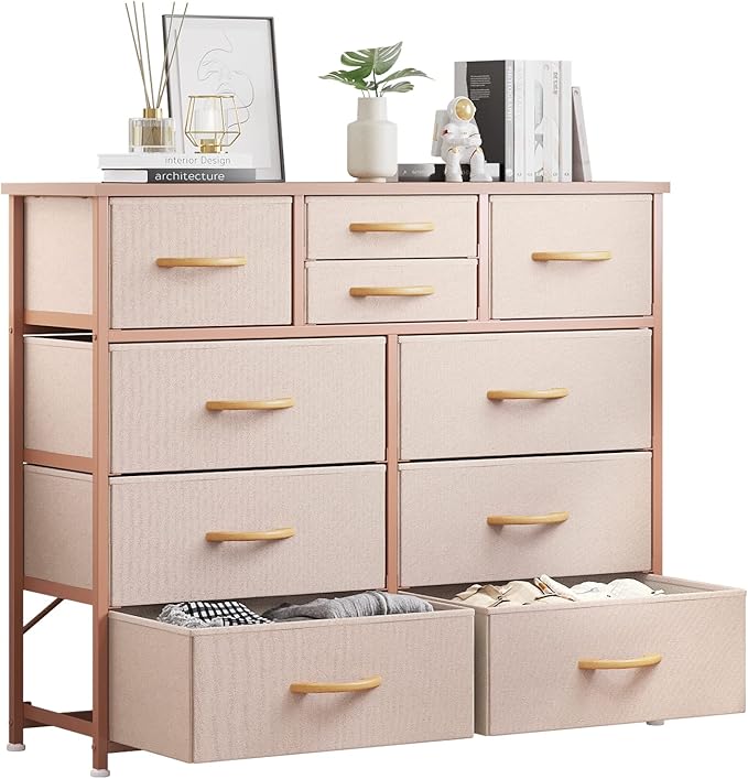 LUMTOK 10-Drawer Dresser, Fabric Storage Tower with Drawers for Bedroom, Dresser Drawer with Handle for Bedroom, Living Room, Hallway, Closets & Nurseryteel Frame, Wood Top (10 Drawer/Rose Gold)