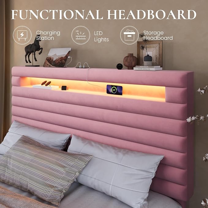 SHA CERLIN Queen Bed Frame with LED Light & 2-Tier Storage Shelf, Velvet Upholstered Adjustable Headboard with Charing Station, Horizontal Channel Tufted, No Box Spring Needed, Easy Assembly, Pink