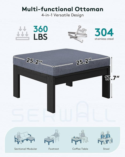 SERWALL Outdoor Ottoman with Cushions for Sofa Set, Black HDPE Frame with Gray Cushions