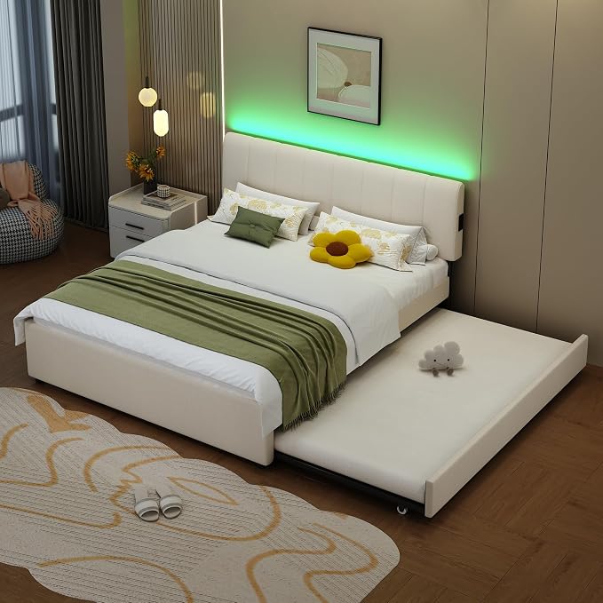 Queen Size Upholstered Platform Bed with Pull-Out Trundle Bed | Twin Size Trundle, LED Lighting Controlled by APP, USB+Type-C Charging Ports, Chenille Upholstered Bed Frame,Beige