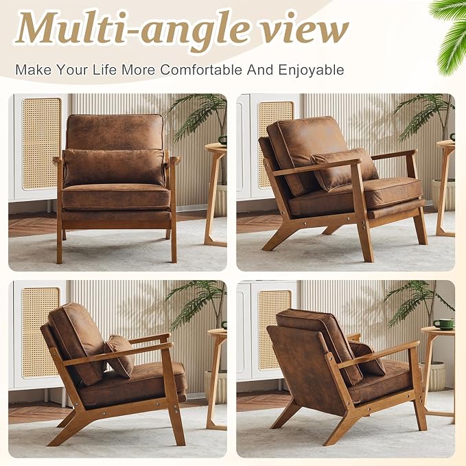 VINGLI Solid Wood Wide Armrests Accent Chair,Upholstered Mid Century Modern Chair with Pillow,Comfy Reading Chair Farmhouse Arm Chair,Chairs Living Room,Bedroom,Guest Room,Suede,Rustic