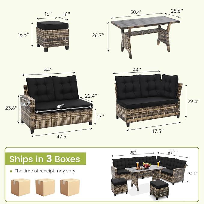 KROFEM 6-Piece Patio Furniture Set, Outdoor Sectional Sofa with Dining Table & Chairs, All-Weather Dining Set with Removable Cushion Covers, Ideal for Garden, Porch, Backyard, Black