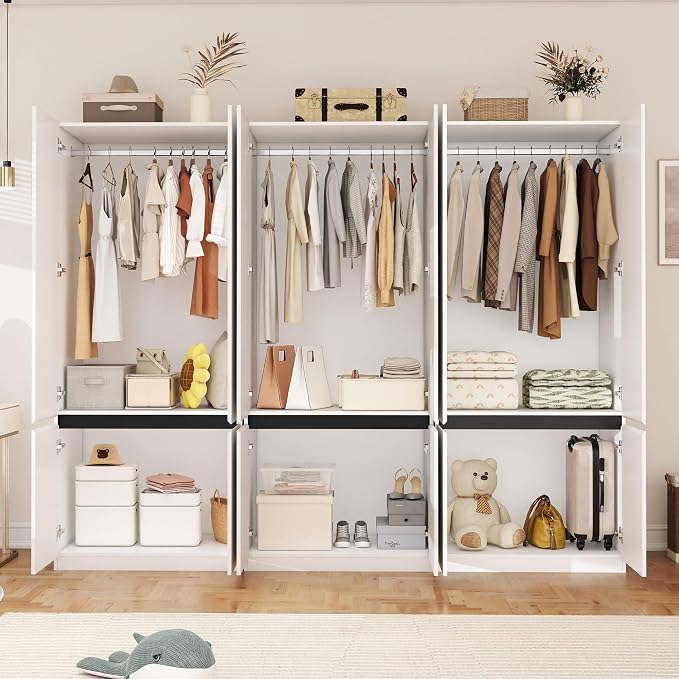 White Armoire Wardrobe Closet: 74" Wooden Wardrobe Closet with 6 Doors, Bedroom Armoires with Hanging Rod, Tall Closets Cabinet for Hanging Clothes (94.5")