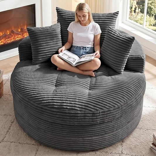 Oversized Round Chaise Lounge Chair, Deep Seat Cloud Boneless Floor Sofa Couch, Upholstered Corduroy Sleeper with 3 Pillows & Optional Ottoman, No Assembly Modern Lazy Floor Lounger for Living Room