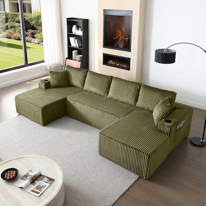124" Modular Sectional Sleeper Sofa, Boneless Cloud Couch for Living Room, U Shaped 5 Seat Sofa with 2 Storage Pockets& 2 Cup Holders, Free Combination, No Assembly Required