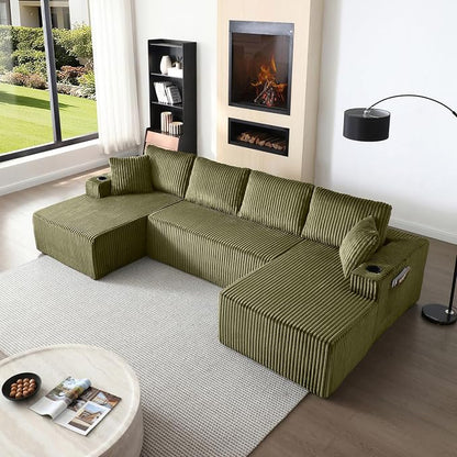 124" Modular Sectional Sleeper Sofa, Boneless Cloud Couch for Living Room, U Shaped 5 Seat Sofa with 2 Storage Pockets& 2 Cup Holders, Free Combination, No Assembly Required