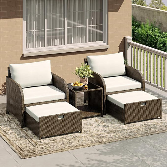 Garvee 5-Piece Outdoor Patio Conversation Set, PE Rattan Wicker Patio Furniture with Hidden Ottomans, Soft Cushions & Glass Coffee Table, Outdoor Lounge Chairs for Porch, Backyard, Balcony