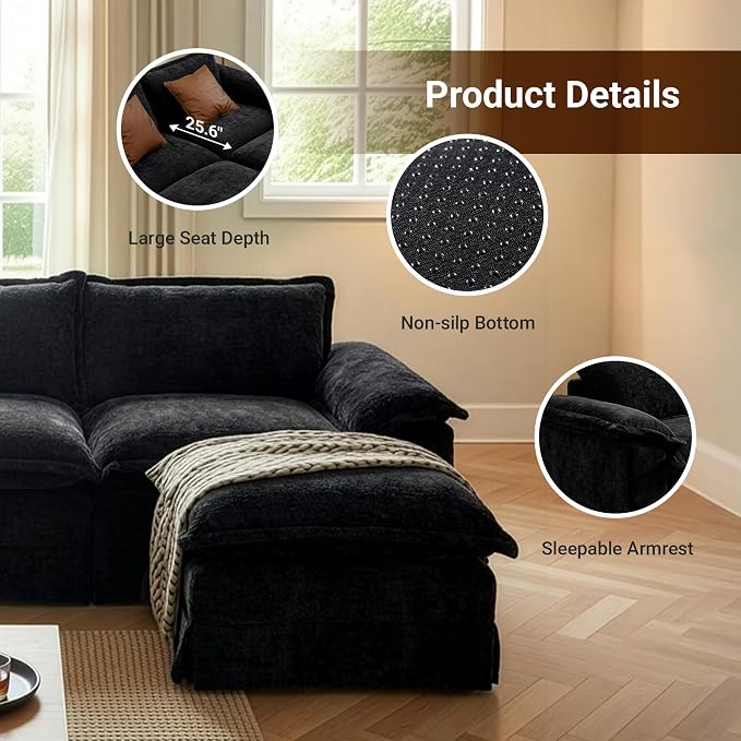 Claiks 123" Modular Boneless Couch, U Shaped Couch for Living Room, Modern Deep Seat Sofa 3 Seater Chenille Fabric Comfy Cloud Couches with Movable Ottoman, Black