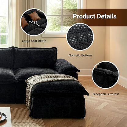 Claiks 123" Modular Boneless Couch, U Shaped Couch for Living Room, Modern Deep Seat Sofa 3 Seater Chenille Fabric Comfy Cloud Couches with Movable Ottoman, Black