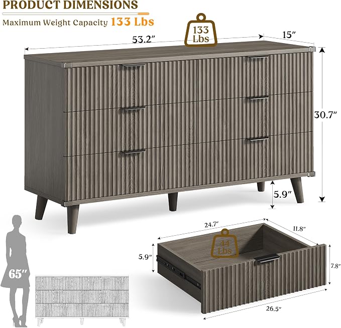 Lulive Wood Dresser for Bedroom with 6 Drawers, 53.2" Long Fluted Modern Chest of Drawers Storage Organizer, Dressers TV Stand for Living Room, Closet, Hallway (Dark Grey Oak)