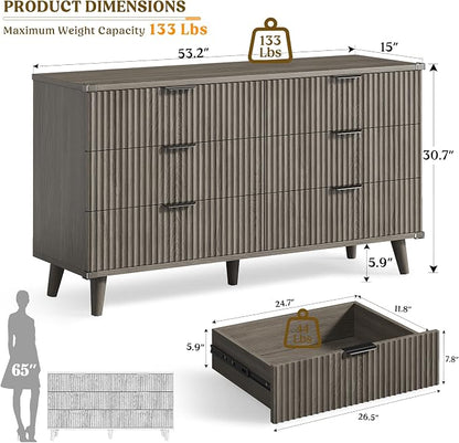 Lulive Wood Dresser for Bedroom with 6 Drawers, 53.2" Long Fluted Modern Chest of Drawers Storage Organizer, Dressers TV Stand for Living Room, Closet, Hallway (Dark Grey Oak)