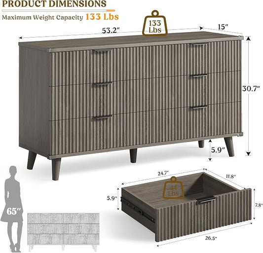 Lulive Wood Dresser for Bedroom with 6 Drawers, 53.2" Long Fluted Modern Chest of Drawers Storage Organizer, Dressers TV Stand for Living Room, Closet, Hallway (Dark Grey Oak)