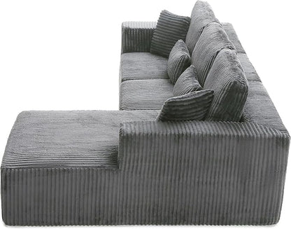 L Shaped Modular Boneless Sectional Couches for Living Room, Wide Armrest, Deep Seat, Memory Foam, Assembly Free, Modern Comfy Corduroy Fluffy Cloud Sofa with Right Chaise, Grey