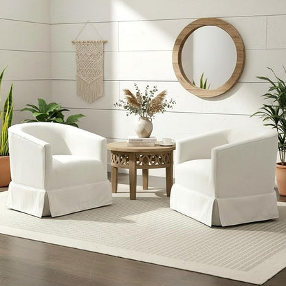 Swivel Accent Chairs Set of 2 for Living Room, 360° Upholstered Barrel Swivel Chairs with Skirted Base, Modern Linen Armchairs for Bedroom, Reading Nook, Small Space, White