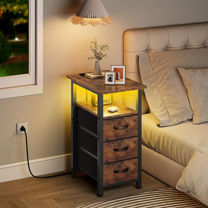 Vagusicc Nightstand with Charging Station and LED Lights, Narrow End Table, LED Night Stand with 3 Fabric Drawers for Bedroom, Small Bedside Table, Narrow Side Table for Small Spaces, Rustic Brown